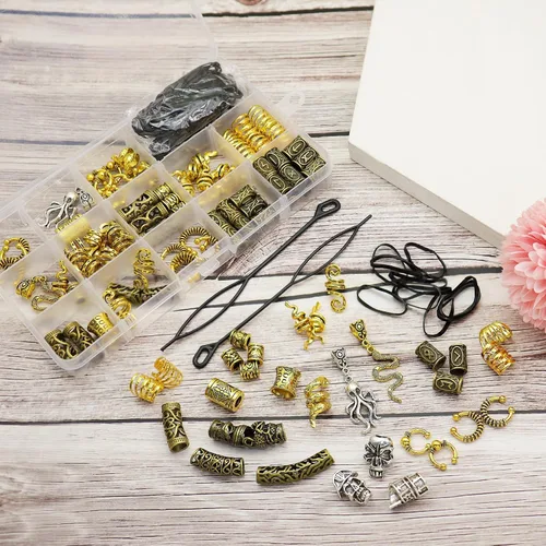 Vista 5 de 207 piezas de joyería para cabello vikingo, cuentas de runas nórdicas en tubo, kit de accesorios para trenzas, rastas, barba, locs, clips metálicos