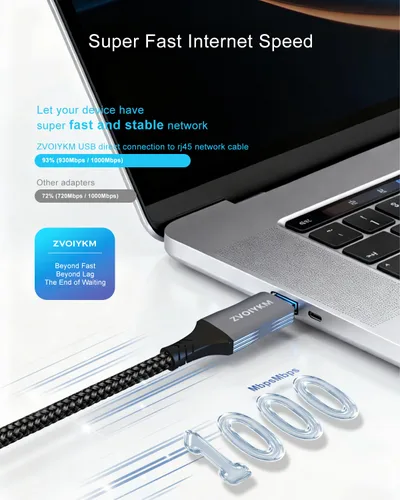 Vista 3 de Cable USB a Ethernet de 6 pies/5.9 ft con puerto USB C, trenzado USB 3.0 A/C a RJ45 Gigabit LAN, conector chapado en oro para laptop, PC, MacBook