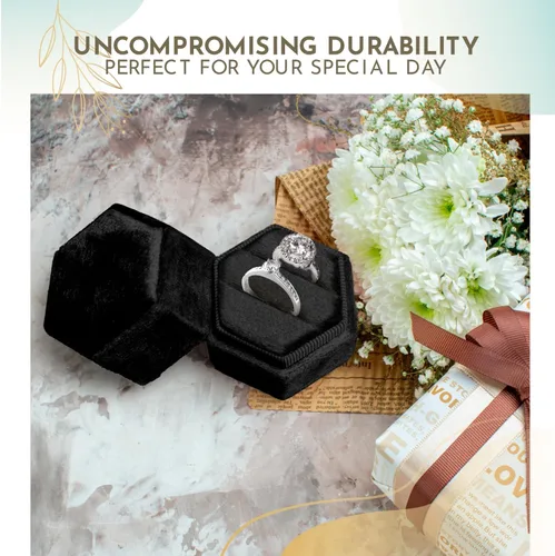 Vista 7 de Caja de terciopelo para anillos, color negro, con 2 ranuras, exquisita caja para anillos de boda, preciosa caja hexagonal para anillos de boda