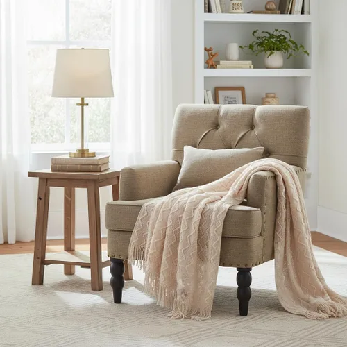 Vista 14 de HUIMO Silla de Club Acolchada, Silla de Acento con Almohada Lumbar, Sillón Tapizado con Botones, Sillas de Sofá de Tela de Lino para Dormitorio
