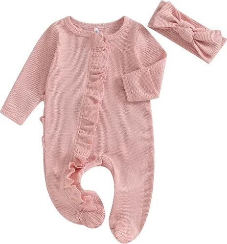 Vista 2 de Geogenry Ropa para bebé recién nacida, con volantes, con cremallera, para llegar a casa, ropa de otoñoinvierno de 0 a 12 meses