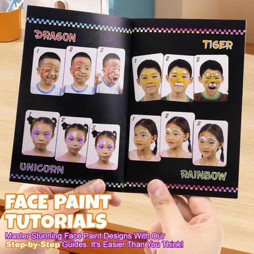 Vista 7 de Kit de pintura facial de 54 colores para niños, kit de maquillaje de pintura facial no tóxica con plantilla, libro guía, kit de maquillaje