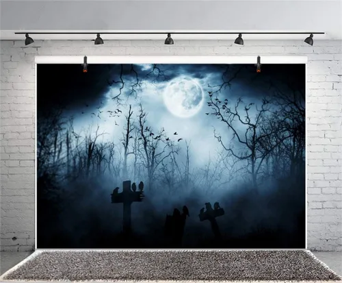 Vista 4 de Leyiyi Telón de fondo gótico de Halloween de 5 x 3 pies, grunge, cementerio, tumba, piedra cruz, cuervos, bosque brumoso, luna llena, murciélagos
