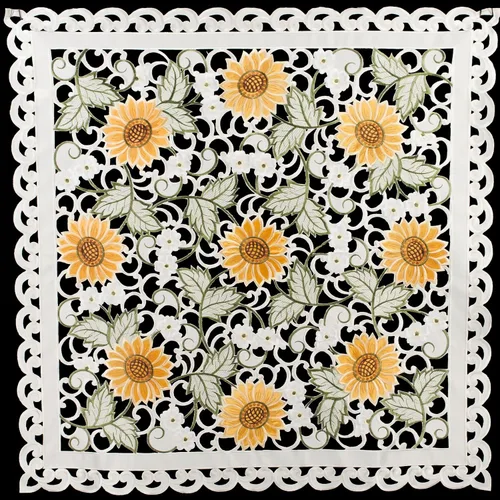 Vista 4 de Mantel bordado de girasol y margarita blanca en marfil de tejido abierto, mantel pequeño (cuadrado de 33 pulgadas)