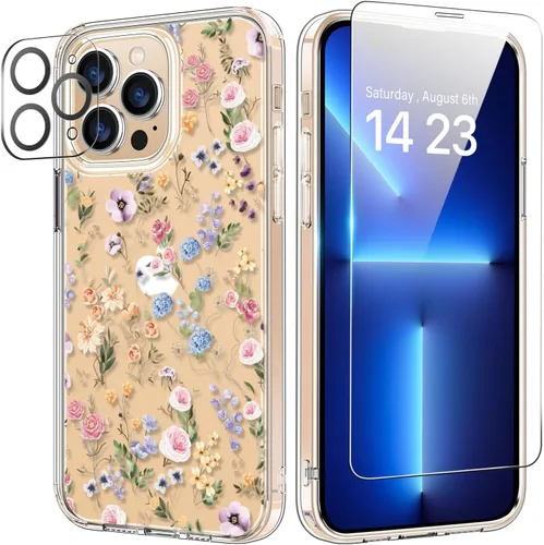 Vista 19 de bicol Funda para iPhone 14 Plus con Protector de Pantalla y Lente de Cámara - Diseños Florales de Moda para Mujeres y Niñas - Funda Transparente