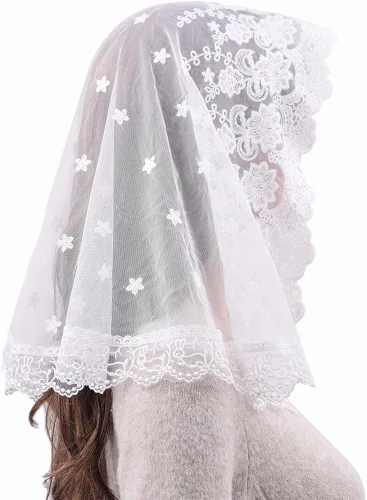 Vista 3 de TREORSI Velo Blanco Encaje Mantilla Iglesia Católica Capilla Velo Cabeza Cubrir Misa Latina, Blanco