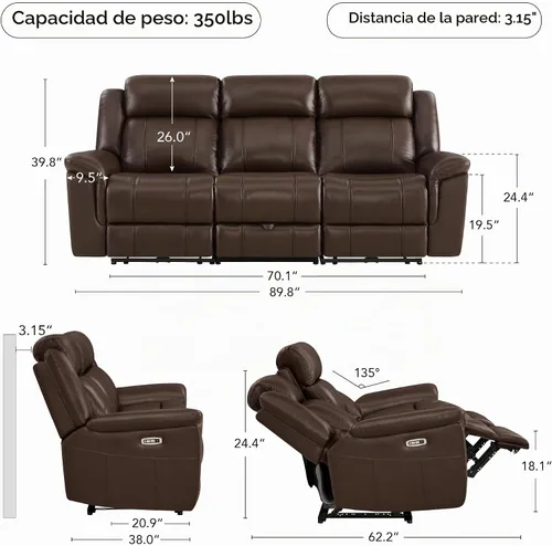 Vista 2 de CHITA - Sofá reclinable eléctrico de piel, para pared, color marrón oscuro, 3 plazas