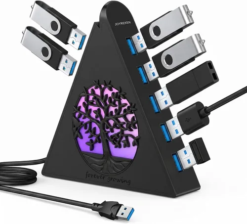 Vista 11 de Hub USB 3.0 de 7 puertos, divisor de USB vertical con iluminación RGB, transferencia de datos de alta velocidad de 5 Gbps y cable de extensión de 2