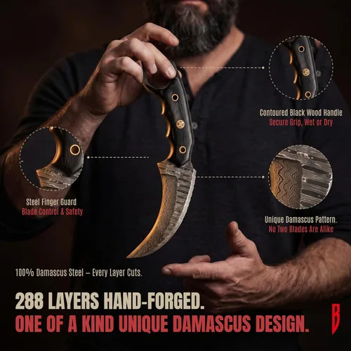 Vista 3 de BIGCAT ROAR Desert Fox - Cuchillo karambit de acero de Damasco hecho a mano de 7.5 pulgadas - Hoja fija curvada de espiga completa - Mango de madera