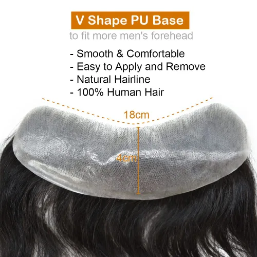 Vista 4 de Cabello humano invisible para hombre, postizo frontal en V, piel de poliuretano para retroceder la línea del cabello en forma de V, sistema