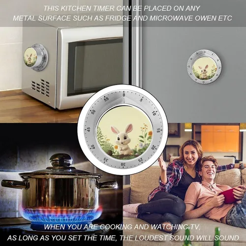 Vista 4 de 60-Minute Mechanical Kitchen Round Cute Bunny Timer, Chef Cooking Timer Clock with Loud Alarm, No Batteries Required, Countdown Timers Clock with