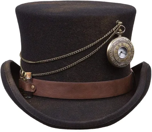 Vista 2 de Kenny K Steampunk Top Sombrero, hecho a mano, con reloj, balas, frasco de vidrio, lana, WFBC
