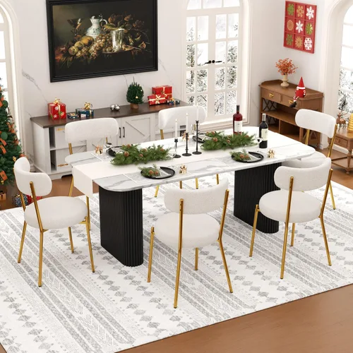 Vista 28 de Juego de mesa de comedor ovalada negra moderna de 70.9 pulgadas para 4, mesa de cocina rectangular estilo crema con sillas negras Boucle, juego