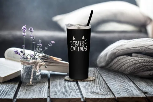 Vista 8 de Vaso de acero inoxidable aislado al vacío con tapa y pajita, taza temática de gatos para amantes de los gatos, taza para mamá y gato, taza