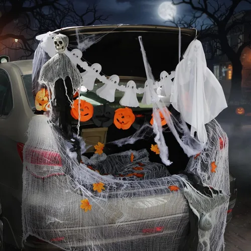 Vista 5 de Leyndo Kit de 117 piezas de decoración de Halloween para tronco o automóvil con fantasma de esqueleto colgante, fantasma de tela, guirnaldas