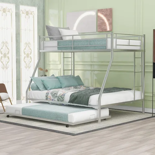 Vista 10 de Litera de metal individual sobre cama matrimonial con nido, marco de cama de metal resistente de acero resistente con escaleras de dos lados