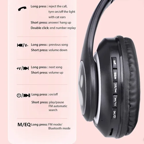 Vista 5 de TCJJ Cat Ear Kids Bluetooth Headphones, LED, 85dB Volume Limit Negro