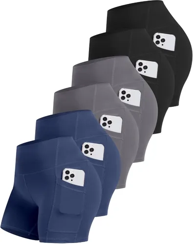 Vista 14 de CHRLEISURE - 6 paquetes de pantalones cortos de mujer estilo biker con bolsillo, pantalones cortos de elastano de control de abdomen de 5 pulgadas