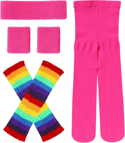 Vista 2 de AFAVOM Disfraz de entrenamiento para niñas de los años 80 para niños, disfraz de Halloween, cosplay, leotardo de manga larga, leggings y diadema