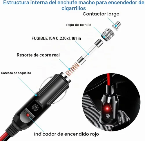 Vista 5 de Cable de extensión de encendedor de cigarrillos resistente de 12 V/24 V de 6 pies con luz LED para bomba de neumáticos de automóvil, compresor