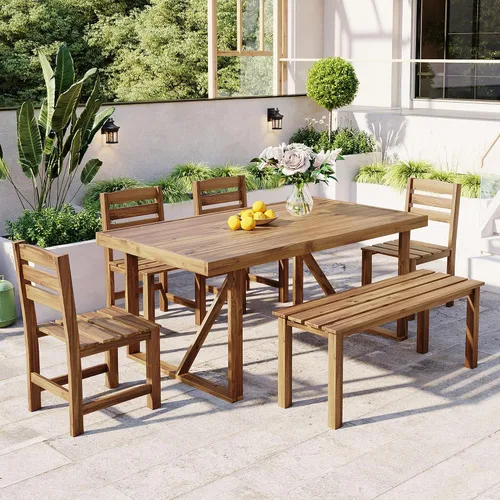 Vista 16 de RUNNA Juego de mesa de comedor de 6 piezas, juegos de muebles de exterior con agujero para paraguas, mesa rectangular de 71 pulgadas, sillas y banco