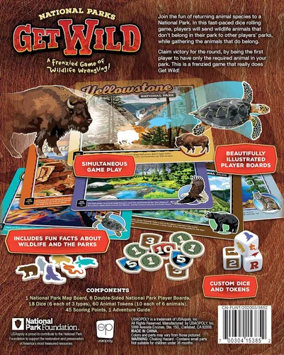 Vista 6 de USAOPOLY National Parks Get Wild Juego de dados de rodamiento rápido con ubicaciones icónicas de parques nacionales Gran juego para niños