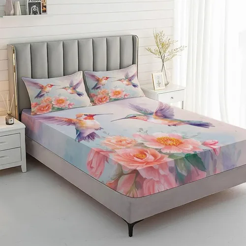 Vista 2 de Juego de sábanas de colibrí tamaño individual, sábanas de microfibra suave, bolsillo profundo, sábanas y fundas de almohada estampadas sin arrugas