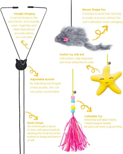 Vista 5 de Juguetes de ratones para gatos de interior – Paquete de 3 juguetes para gatos colgantes con borla – Juguete retráctil para gatos con cuerda, ratón