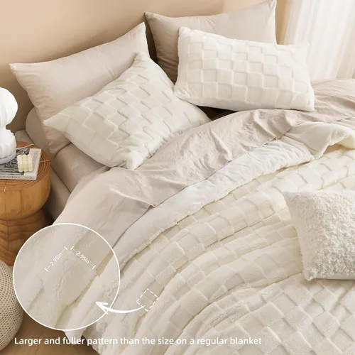 Vista 4 de Litanika - Juego de edredón esponjoso tamaño individual color beige, 3 piezas, ropa de cama de sherpa de felpa cálida para invierno, juego de cama