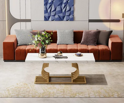 Vista 4 de LITTLE TREE Mesa de centro moderna de 47 pulgadas, mesa de cóctel de mármol sintético, mesa de té, muebles decorativos para sala de estar