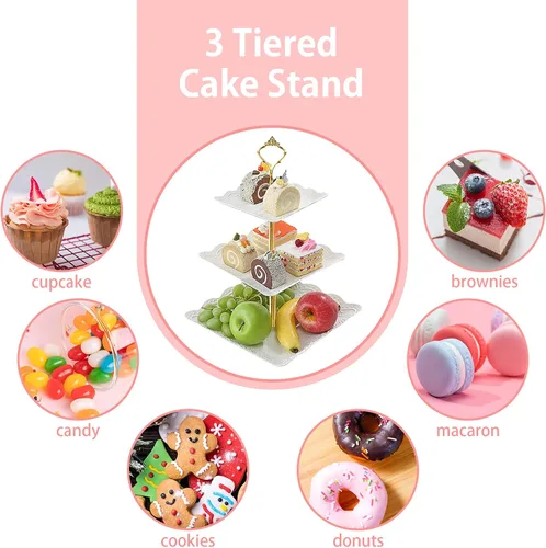 Vista 5 de 3 soportes cuadrados blancos para tartas de 3 niveles, bandeja de servir de 3 niveles, soporte para cupcakes, soporte de postre, decoración de mesa