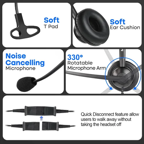 Vista 5 de MKJ Auriculares de teléfono de 0.098 in con micrófono con cancelación de ruido, auriculares con cable para centro de llamadas y teléfono de oficina