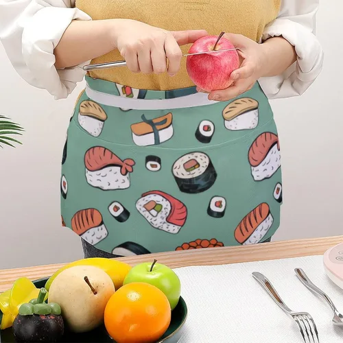 Vista 4 de Delantal japonés de media cintura con patrón de sushi Kawaii con 3 bolsillos para restaurante con correa larga, delantales a juego para mujeres