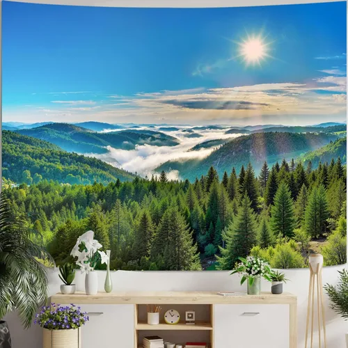 Vista 6 de Zussun Tapiz de Bosque Natural de Montaña Tapiz Verde de Pino Luz Solar Selva para Dormitorio Estético Planta Paisaje de Montaña Tapices Pequeños