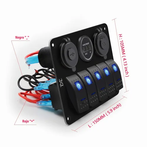 Vista 6 de Interruptor basculante de barco marino impermeable, panel de aluminio de 5 segmentos con ranura USB dual 3.1A + medidor de voltios, luz LED azul