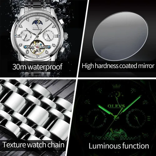Vista 5 de OLEVS Relojes automáticos para hombre, esqueleto Tourbillon, reloj de pulsera de lujo con diamantes de cuerda automática, acero inoxidable