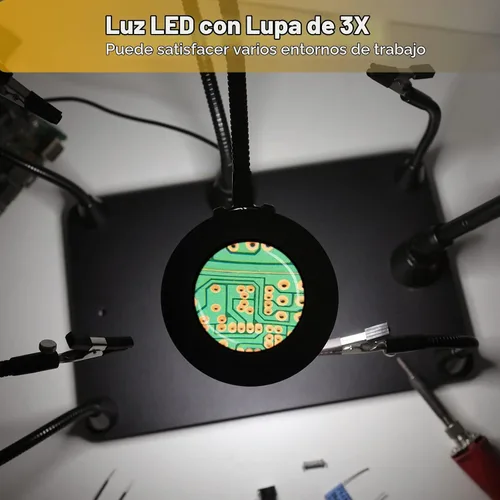 Vista 4 de Helping Hands - Soporte magnético para placa de circuito de soldadura, herramientas de tercera mano con lámpara de aumento LED 3X, soporte