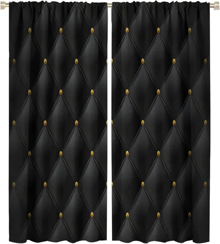Vista 113 de Cortinas Negras con Dobladillo Dorado, Cortinas Opacas con Bolsillo para Barra con Estampado de Rayas de Foil en Onda Dorada para Decoración de Negro