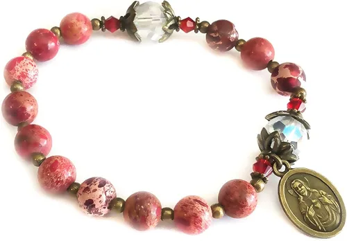 Vista 4 de Juego de rosario y pulsera de piedra y cristal Sagrado Corazón de Jesús en caja - Rosario Católico - Rosarios Catolicos - Regalos Católicos