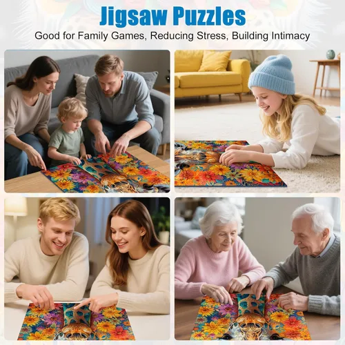 Vista 7 de Rompecabezas para adultos de 1000 piezas, jirafa colorida con corona floral Jirafa de cuello azul