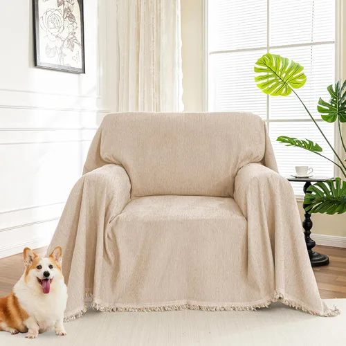 Vista 22 de MYSKY HOME - Funda extragrande para sillón de 1 cojín, lavable, protector de sofá con borlas, para mascotas y niños, 71 x 91 pulgadas, color beige