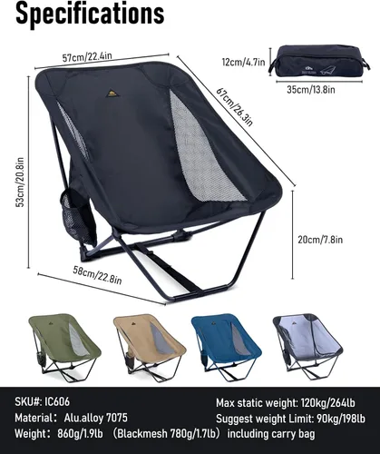 Vista 3 de iClimb - Silla plegable de camping ultraligera y compacta con bolsillo lateral y bolsa de transporte (Negro)