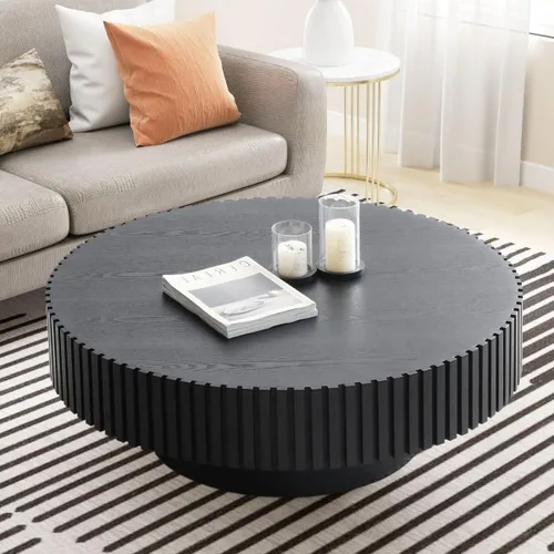 Vista 6 de KEVINSPACE Mesa de centro redonda de 35.43 pulgadas para sala de estar, pedestal de madera redonda, mesa de centro para sala, mesa de centro, Negro