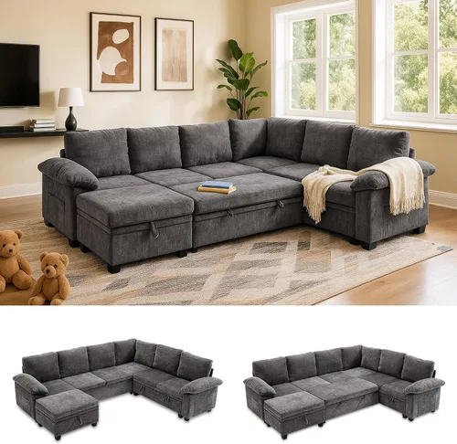 Vista 3 de Sofá modular modular de 108 pulgadas con cama extraíble, sofá cama en forma Gris
