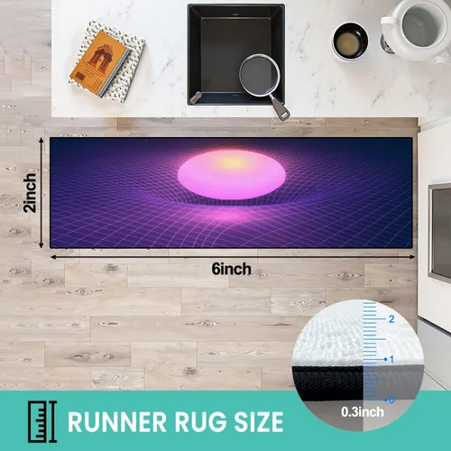 Vista 2 de Runner Rug Washable 2x6 Black Hole Gravity Grid Glowing Ball Sun 80s synthwave Non-Slip Hallway Area Rug Indoor Outdoor Home Decor for Entryway