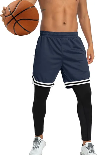 Vista 3 de SILKWORLD Pantalones de correr 2 en 1 para hombre, pantalones deportivos de compresión, leggings de entrenamiento con bolsillos con cremallera