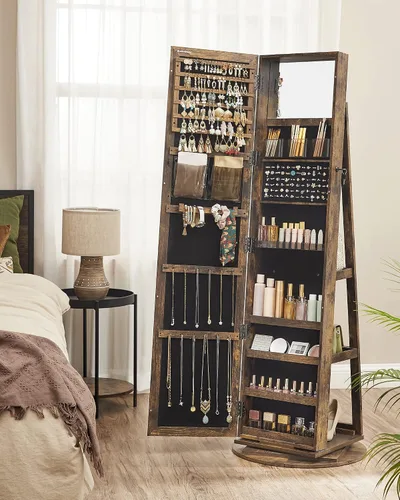 Vista 8 de SONGMICS Armario de joyería giratorio de 360 organizador de joyas con cerradura con espejo de longitud completa estantes de almacenamiento traseros