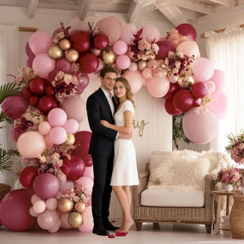 Vista 7 de Guirnalda de globos rosa burdeos doble relleno pastel rosa claro globo dorado Kit de arco de globos de látex color ciruela malva, granate