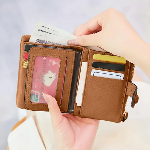 Vista 5 de Carteras pequeñas de triple pliegue para mujer, carteras Rfid para mujer, billeteras plegables de cuero para mujer, portatarjetas compactas