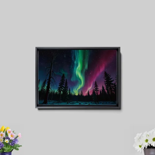 Vista 7 de Aurora Borealis, Northern Lights Art, framed canvas print, snow capped mountain landscape art, synthwave vaporwave, Canvas Art, Decor